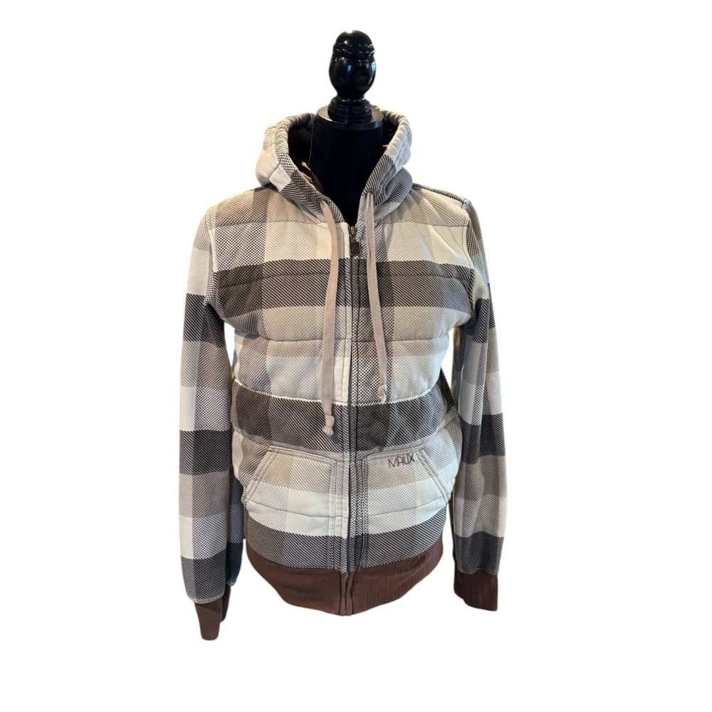 Matix Quilted Hoodie Plaid Jacket Zip Front Brown Cream Men's Women's Large